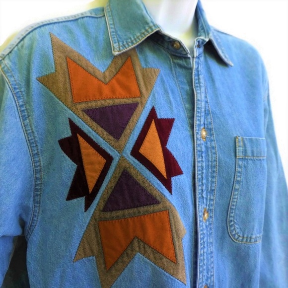 Sundance Denim Wear Shirt Vintage USA Aztec Appliq - Picture 3 of 8